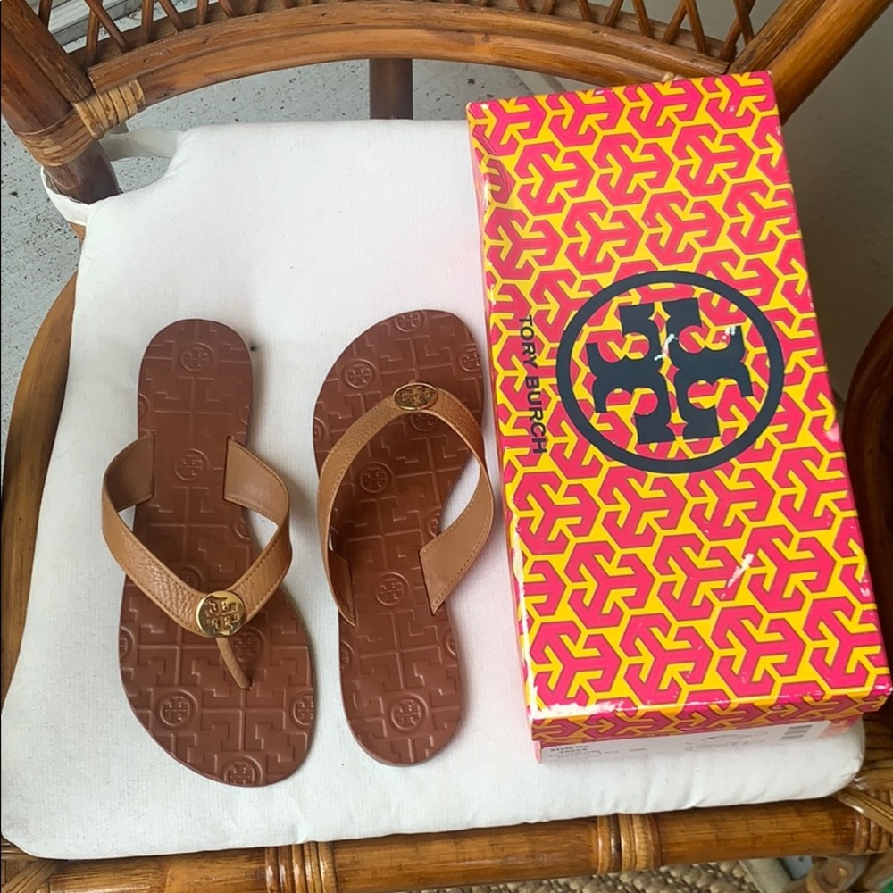 Tory Burch Royal Tan Leather Thora flip flops
